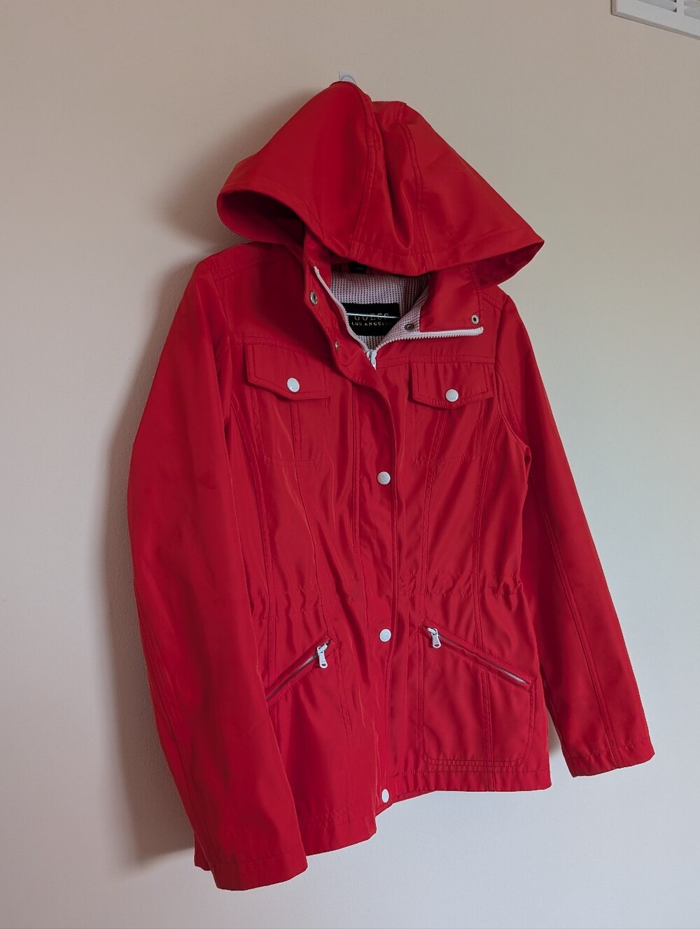Guess Los Angeles Red Hooded Utility Jacket Windbreaker Coat Womens Small
